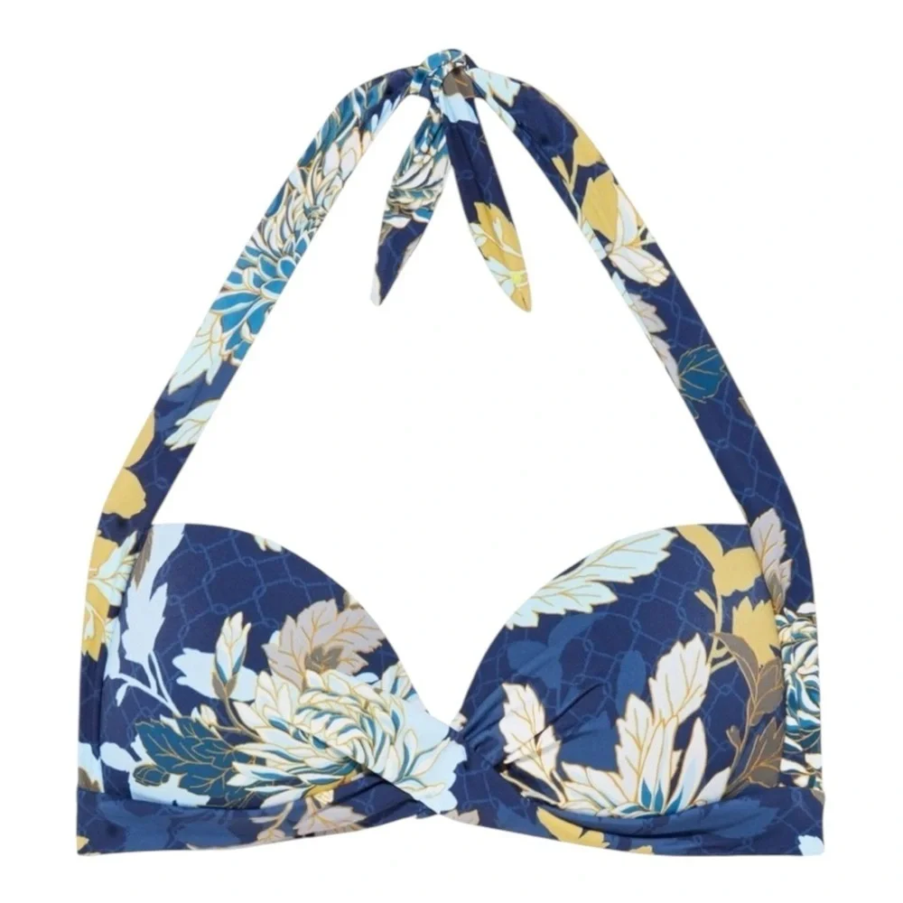 JETS by Jessika Allen 50's Twist Halter Bikini Top in blue floral NWT